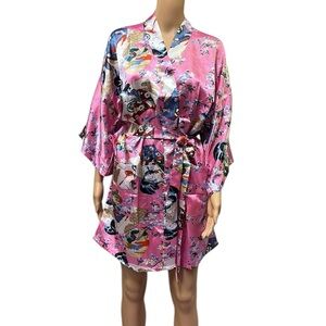 Pink Geisha Lotus Floral Satin Pocket Kimono Robe Tie Belt One Size Fits Most